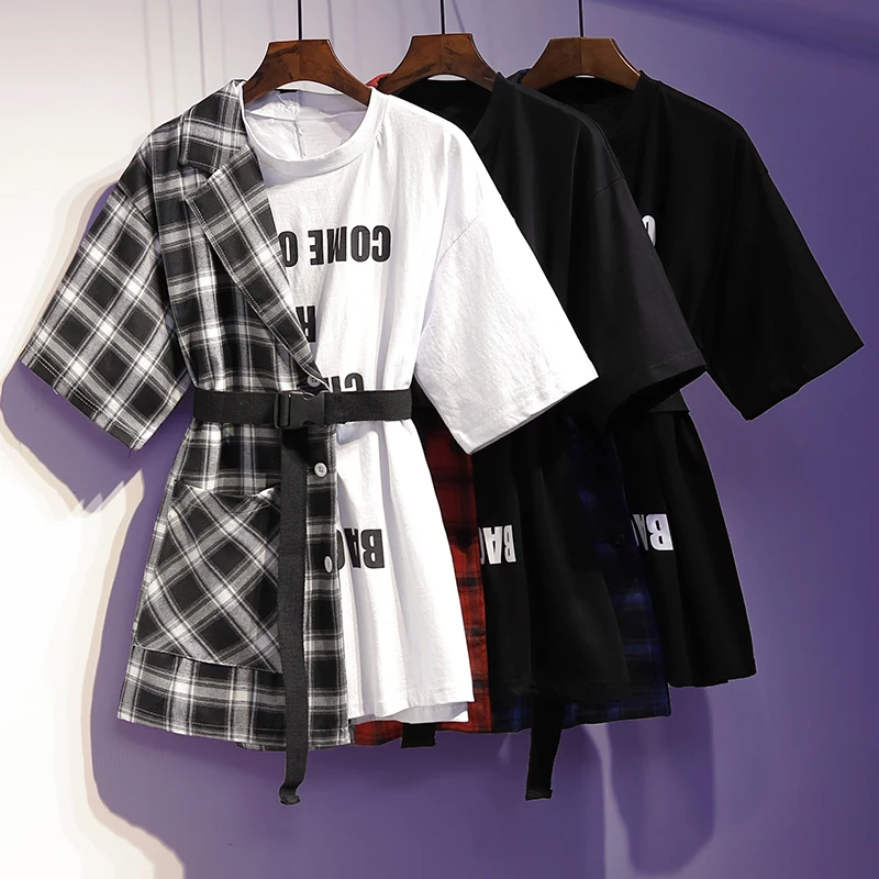 XL-5XL, плюс размер, корейский стиль, женские летние клетчатые рубашки с коротким рукавом и буквенным принтом, Женские повседневные топы N022