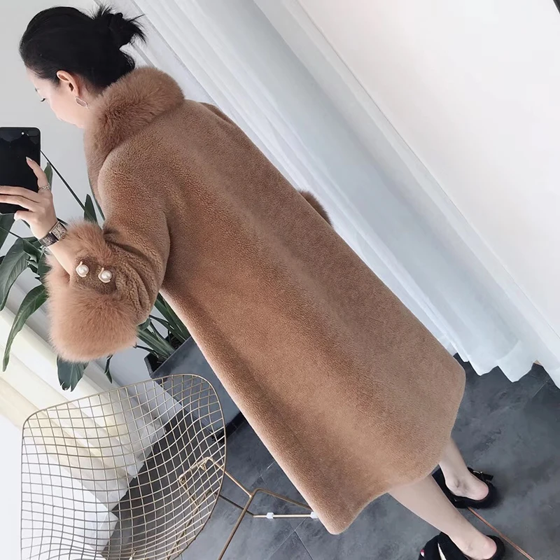 

real fur coat women clothes 2018 winter natural fox fur collar and lamb fur coats Sheep Sheared Jacket