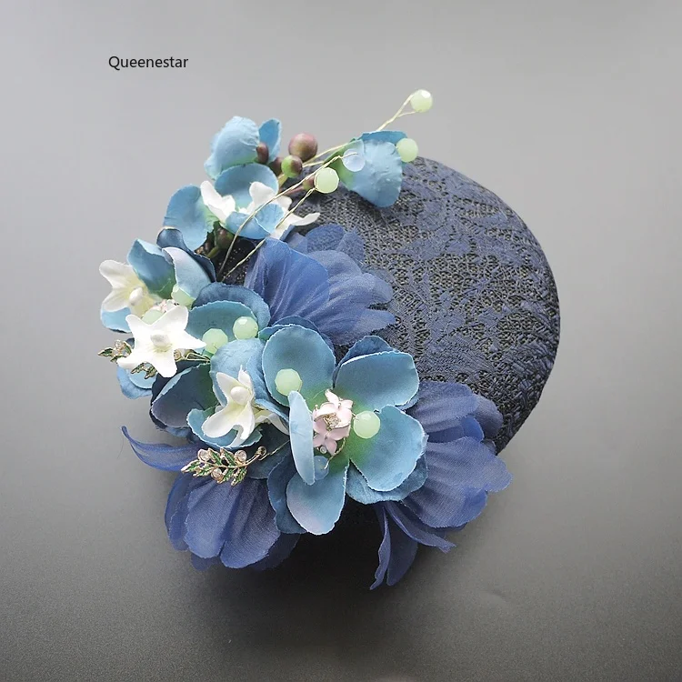 

Luxury Rhinestone SIlk Flower Fascinator Hat Handmade Navy Blue Sinamay Fascinator Headwear Cocktail Pary Ladies Headpiecs