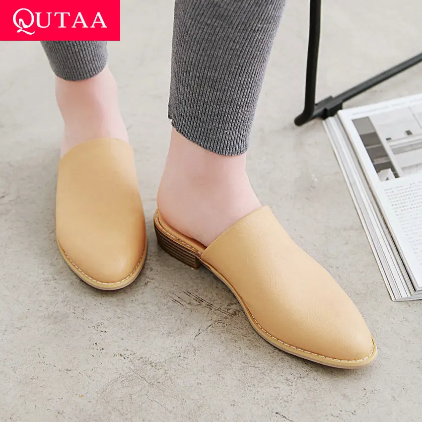 QUTAA/2019 женские туфли-лодочки без задника туфли на низком квадратном каблуке с