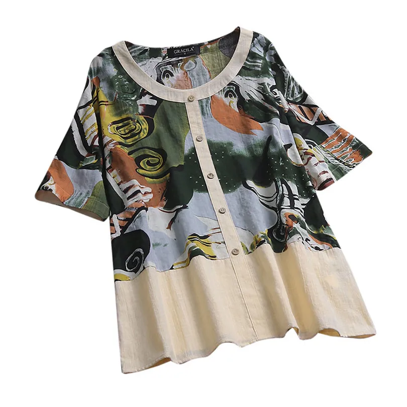 Новый женский модный летний винтажный топ с круглым вырезом и принтом
