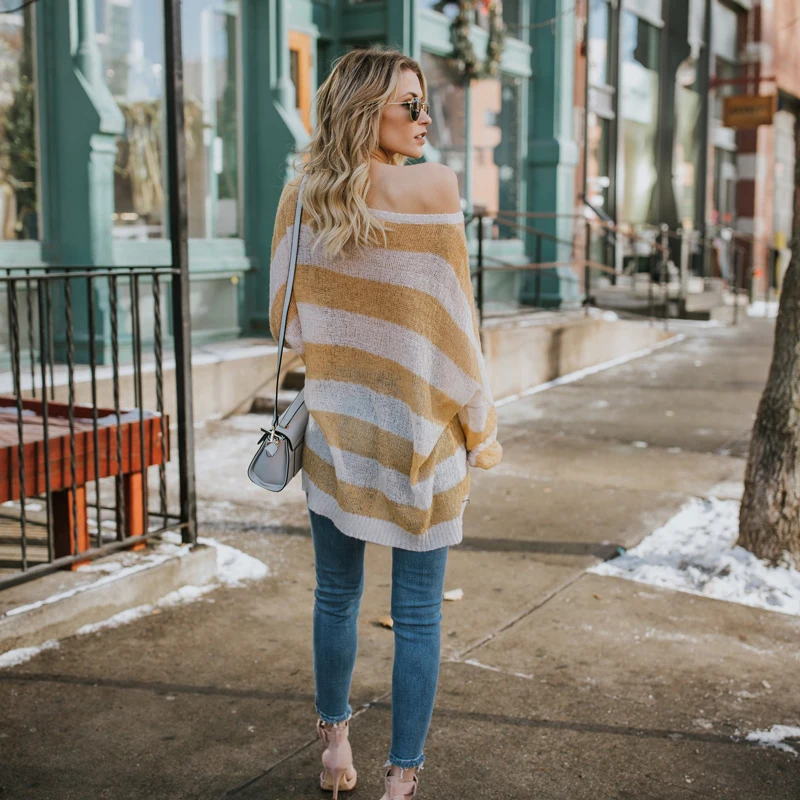 Негабаритные полосатые тонкие свитера женские 2018 Весна Осень трикотажные топы