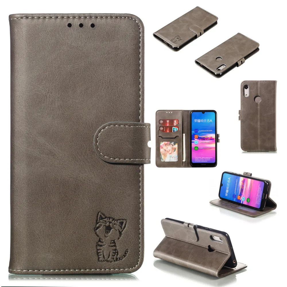 Happy Cat Texture Flip Book Phone Shell Case for Huawei Honor 8A Pro Y6 Plain Leather Wallet Cover for Honor 8A