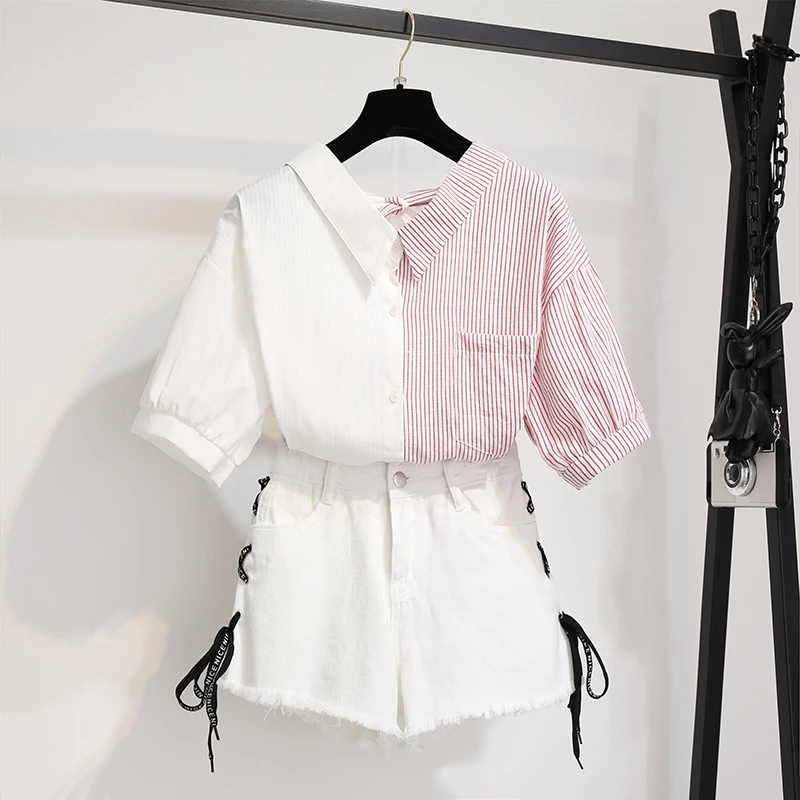 2019 корейский стиль лето Для женщин Ложные двух частей Рубашки с отложным