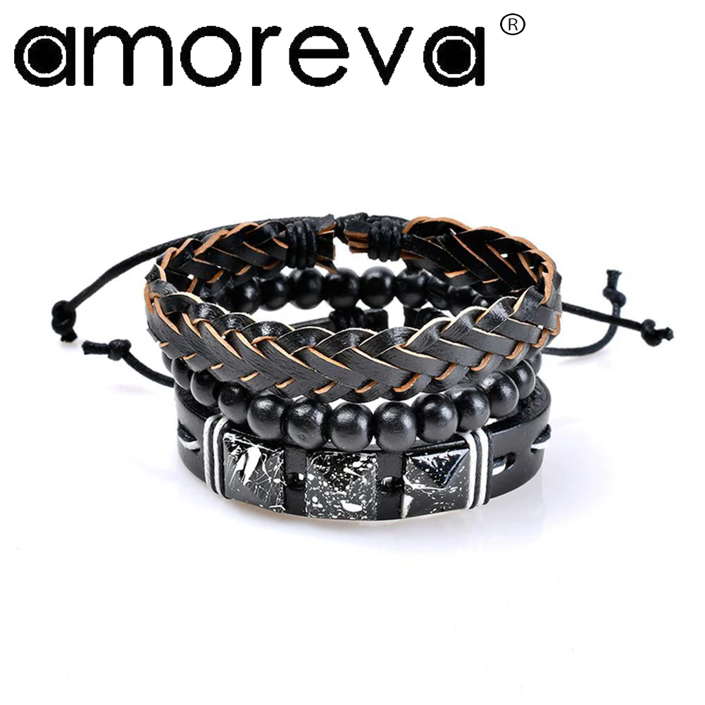 3 Pcs/set Wrap Leather Design Multi Layer Braided Bracelets Bangle Jewelry Women Men Bracelet Black Chains | Украшения и