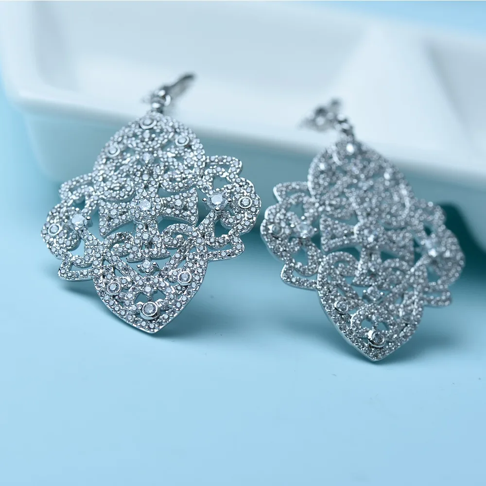 LUOTEEMI New Korea Style Big Brincos White Gold Color Elegant Jewelry Full Cubic Zircon Sparkling Drop Earring Double Flowers|drop earrings|earrings