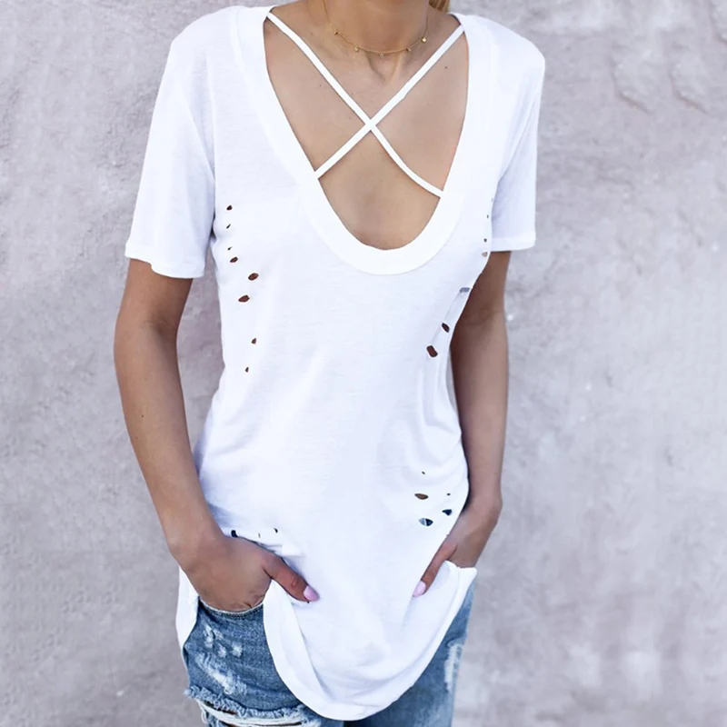 Сексуальные отверстия летняя футболка Для женщин 2019 крест v образным вырезом