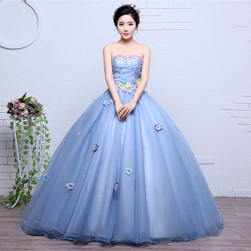 Новое милое голубое праздничное платье с цветами Vestidos De 15 Anos плюс размер пышное платье для балла маскарада