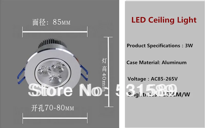 Бесплатная доставка затемнения 10 шт. 3 Вт потолочный светильник AC85-265V 50/60 Гц