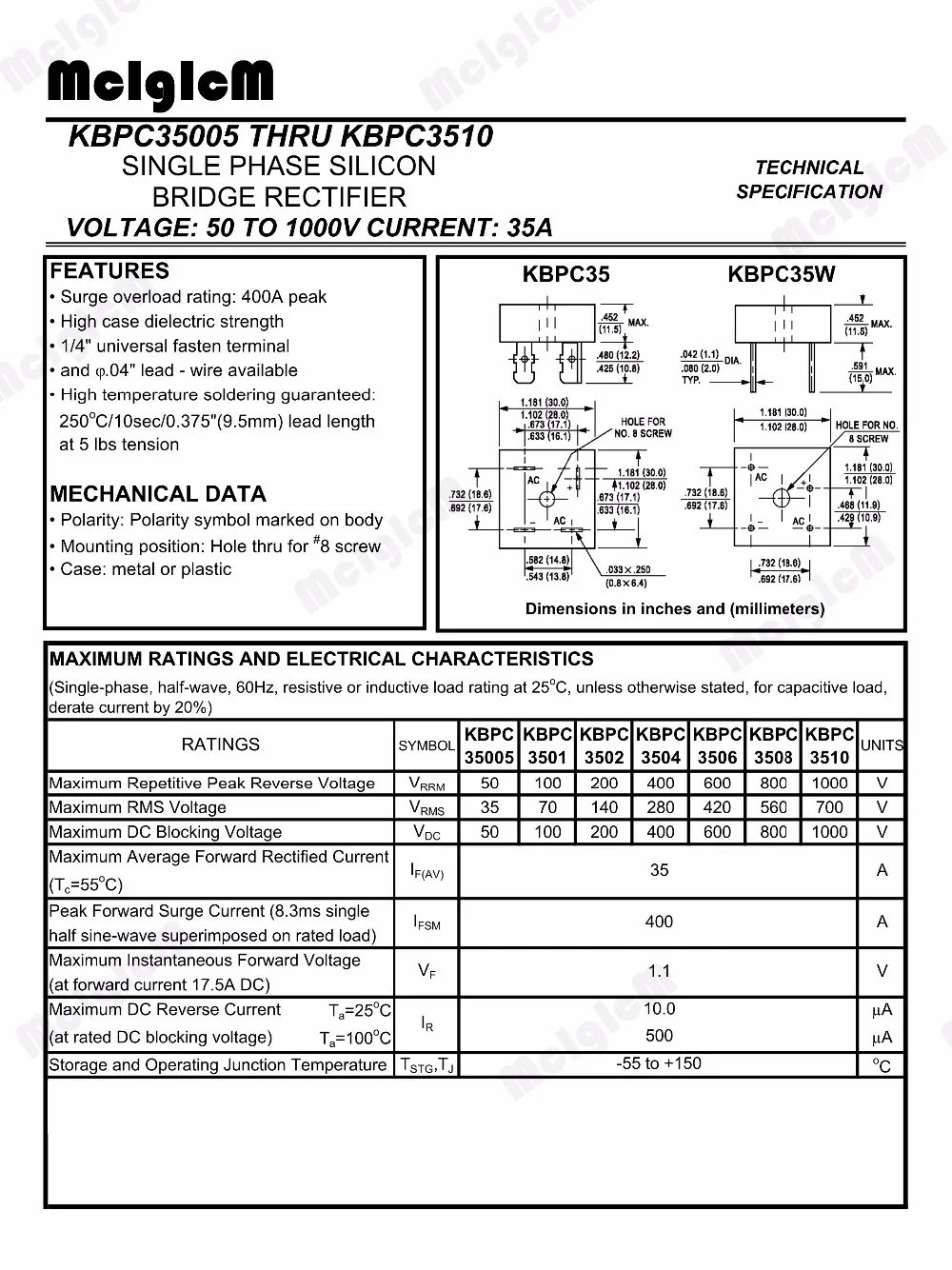 MCIGICM 5 шт. 35A 1000 В диодный мостовой выпрямитель kbpc3510