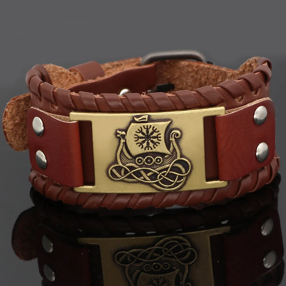 Скандинавский Викинг Дракон корабль vegvisir odin кожаный браслет амулет регулируемый