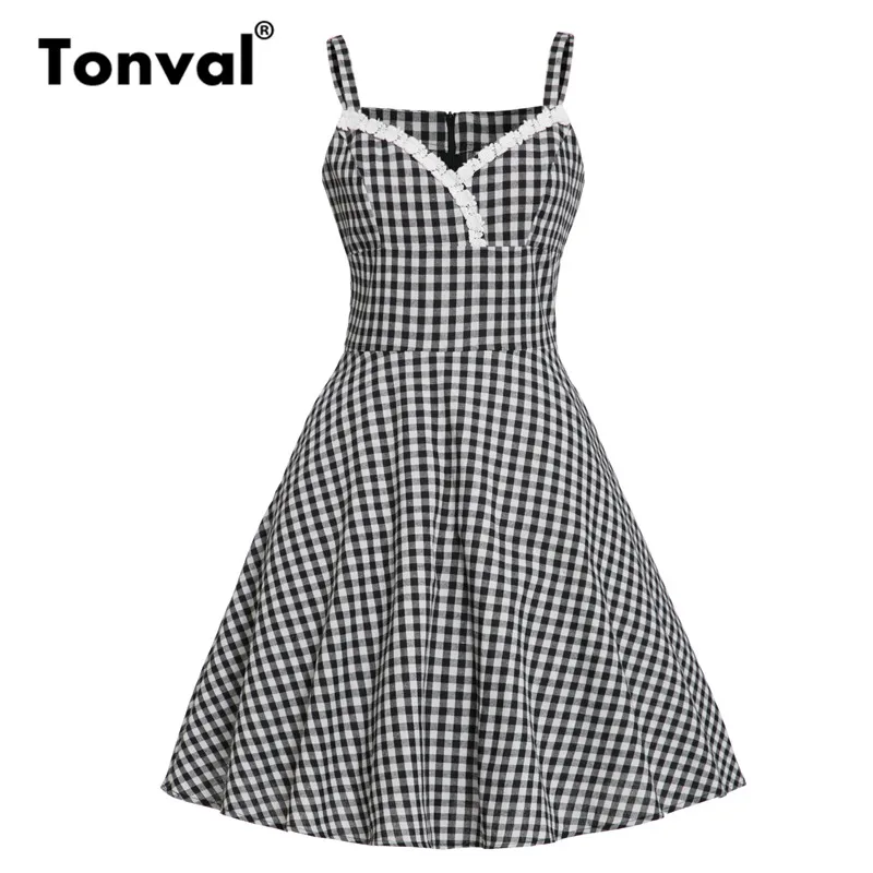 Женское платье с v-образным вырезом Tonval винтажное клетчатое карманами на тонких