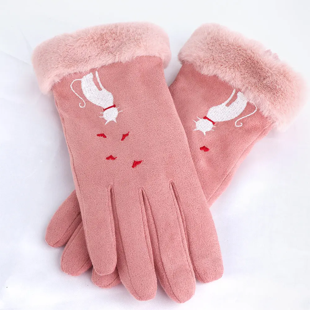 pink 1 пара Модные женские перчатки осень зима кошка сердце вышивка теплый полный палец вождения рукавицы женские перчатки - Цвет: pink