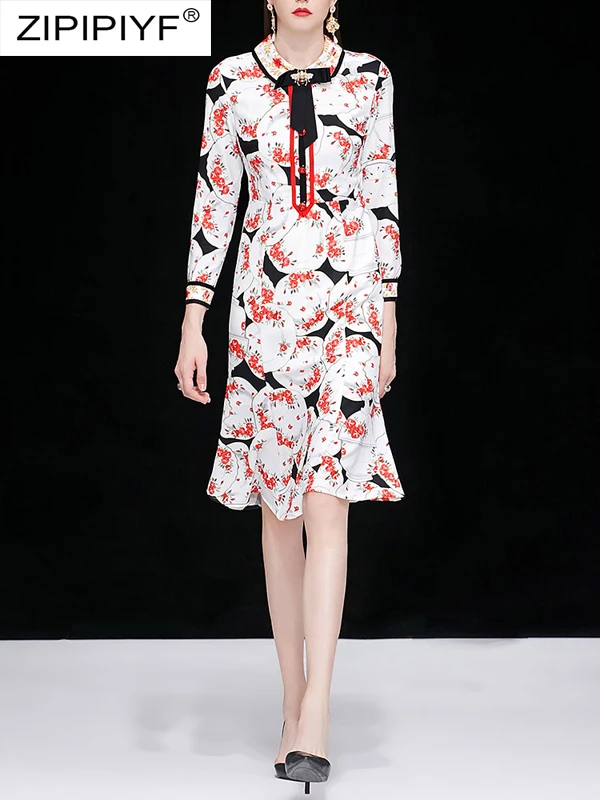 Последняя Мода Для женщин Платья с цветочным принтом длинными рукавами и