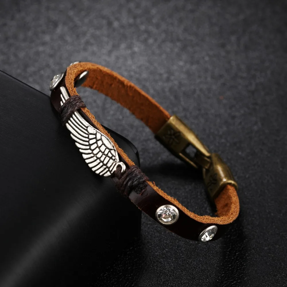 Felicelia New Arrival Feather Wing Design Men Bracelets Brown PU Leather Wrap Bracelet For Boys Casual Sporty Jewelry | Украшения и