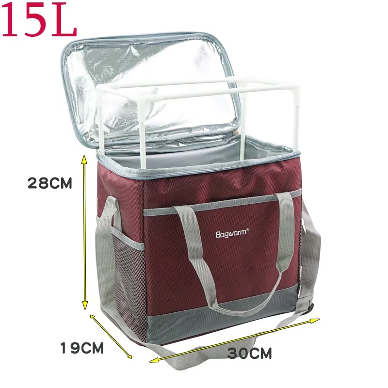 red with support 15L Складная охлаждающая Сумка Портативные автомобильные сумки для льда водонепроницаемый Ланч отдыха пикника пакет порционная коробка Bento для хранения еды вино термальная сумка на плечо - Цвет: red with support