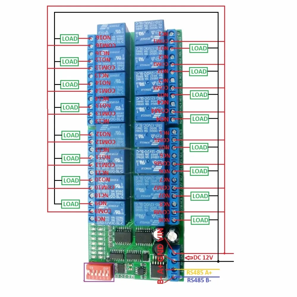 Релейная плата Modbus RTU 1 шт. 16 каналов постоянный ток 12 В светодиодный