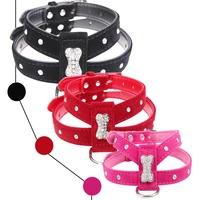bling rhinestone bone velvet leather pet puppy dog collar harness chihuahua teacup care s m l red black hot pink free shipping