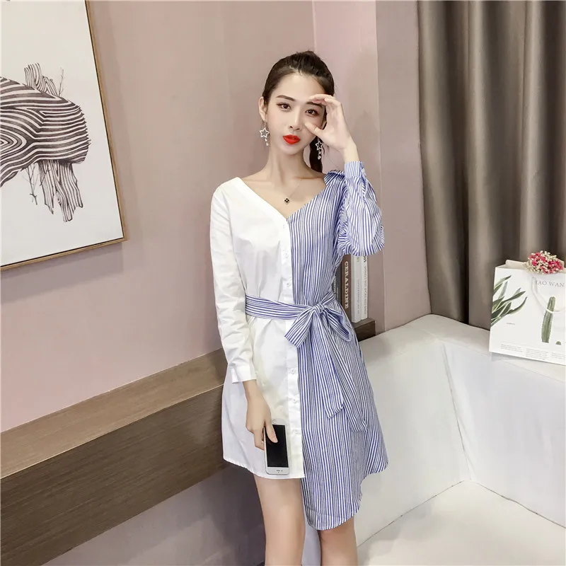 Весенне летнее Хлопковое платье женское Повседневное в полоску 2018 рубашка с