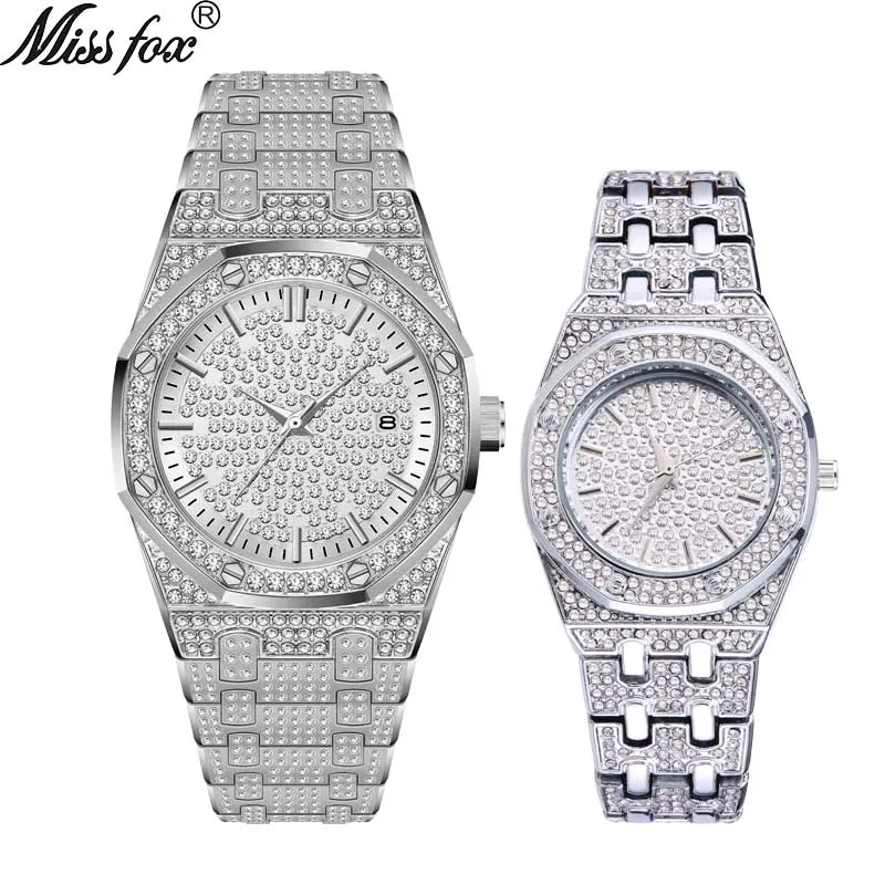 Серебристый MissFox 18 К золото Iced Out Lab Dimaond люксовый бренд из нержавеющей стали Аналоговый кварцевый водонепроницаемый комплект часов для влюбленных - Цвет: Серебристый