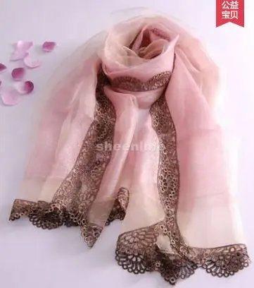B6 pink 22 цвета высокого качества, блестящие двухслойный шелк органза длинный шарф осень зима теплая обертка этнические пашмины с кружевной окантовкой - Цвет: B6 pink