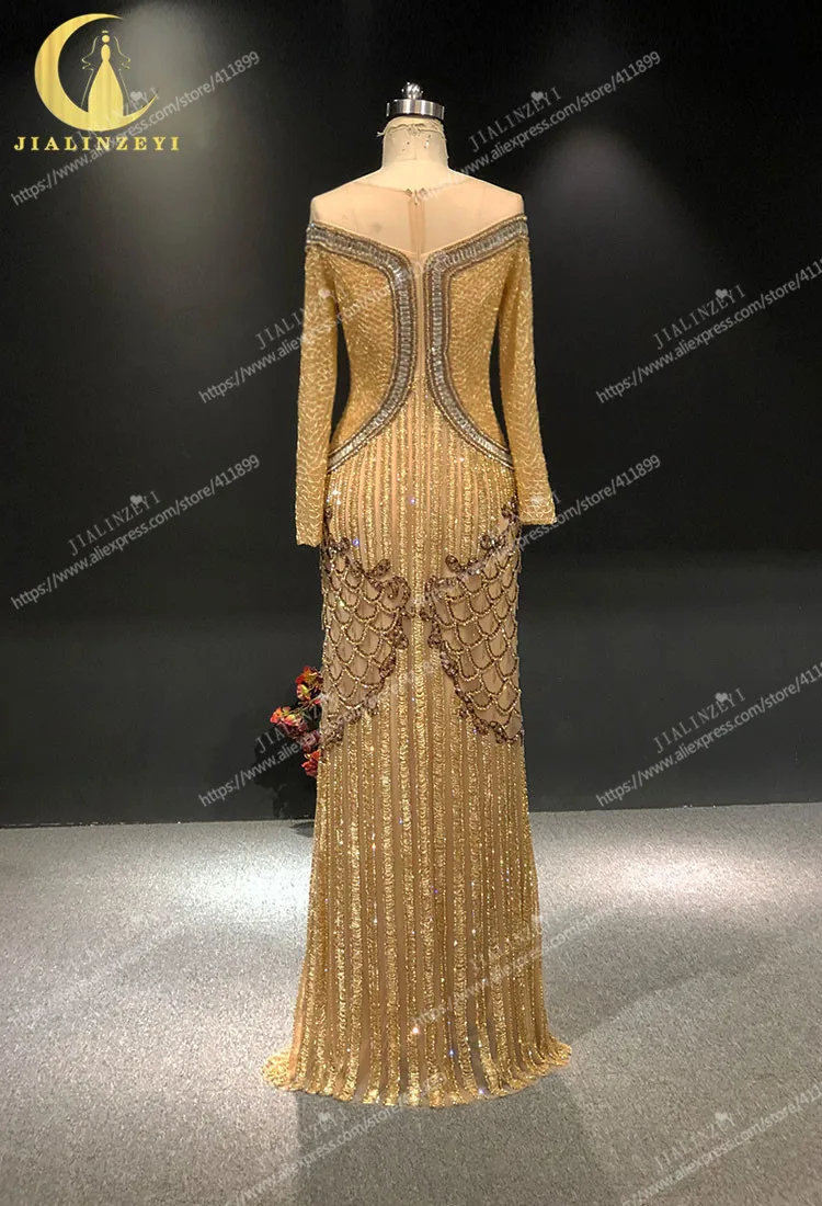 

JIALINZEYI Real Picture Gold Beads And Crystal Long Sleeves Luxurious Floor Length Formal Dresses Party Evening Dresses