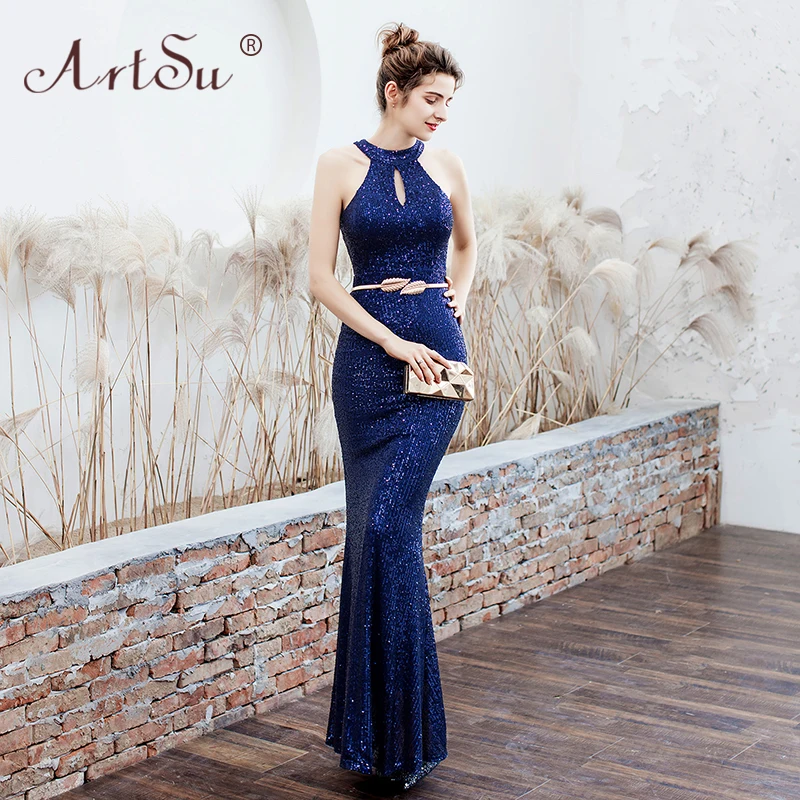 Navy Blue With Belt Арцу черный серебряный круглый вырез чокер длина до пола макси платье Русалка роскошные женские Блестки Длинные вечерние платья красный халат De Soiree - Цвет: Navy Blue With Belt