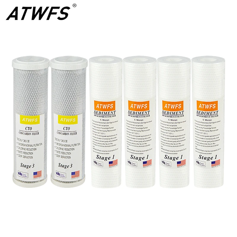 

ATWFS Water Purifier Cartridge 4pcs PP Cotton Filter + 2pcs CTO Compressed Activated Carbon Water Filters for Household