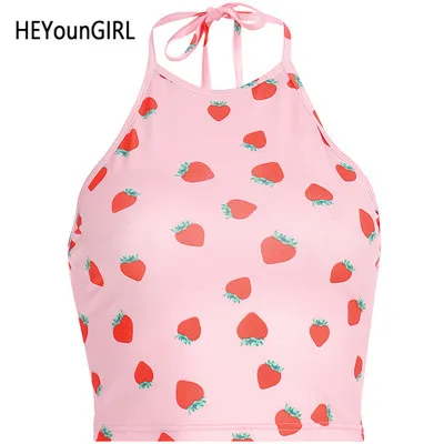 Розовый HEYounGIRL сексуальное платье с лямкой на шее с открытой спиной укороченный Топ для женщин Kawaii Harajuku милые топы на бретелях футболки с принтом без рукавов розовый укороченный топ лето - Цвет: Розовый