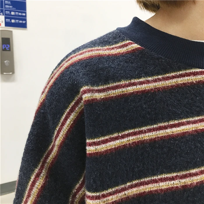 Южная Корея ulzzang Harajuku ветер свободные bf хит цвет в полоску утолщенной шерстяной