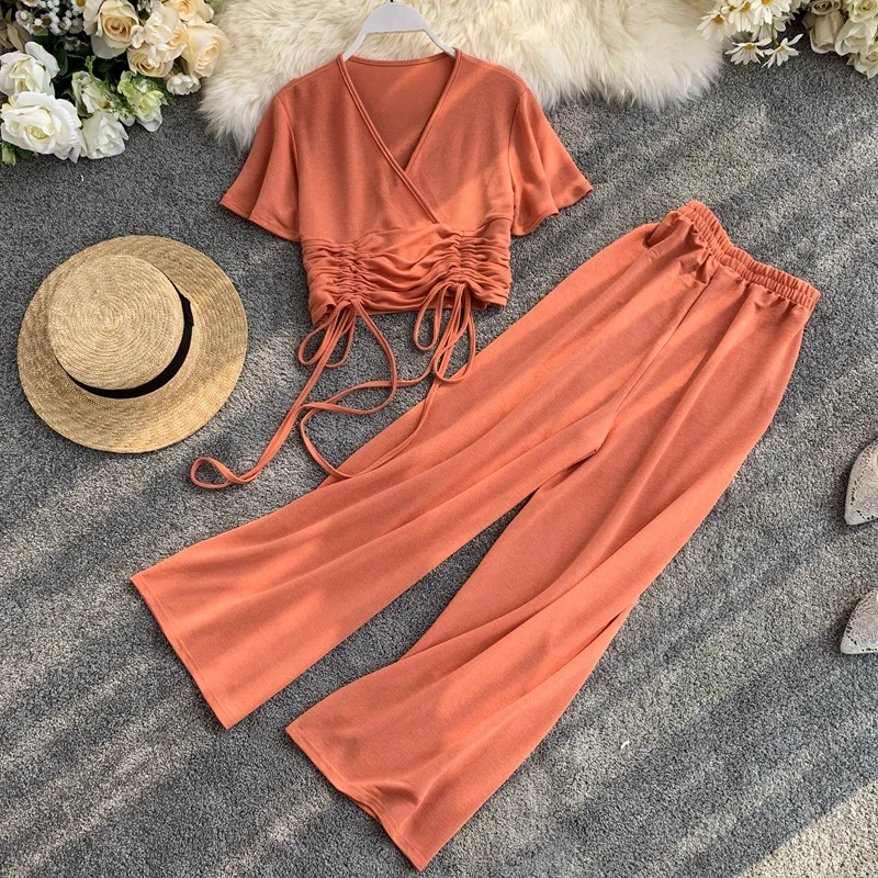 2019 Новый Модный женский комплект из двух предметов короткая футболка с v-образным