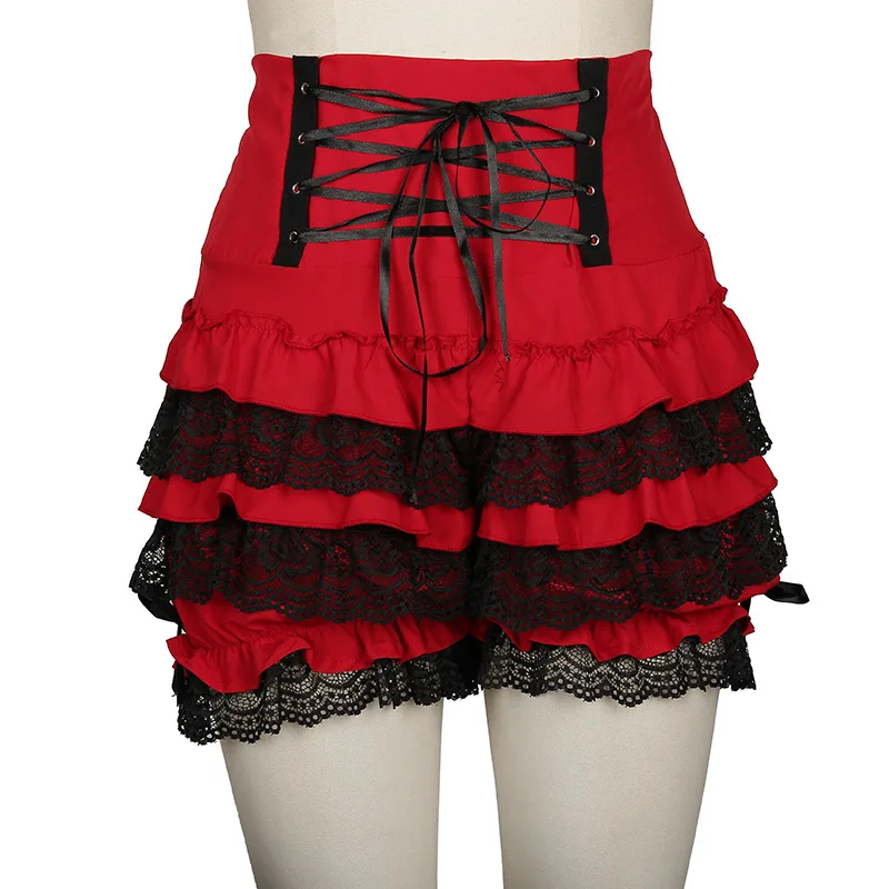 Plus Size 3XL Red Black Gothic Steampunk Lolita Ruffle Lace Pumpkin Bloomers Cotton High Waist Shorts Cosplay