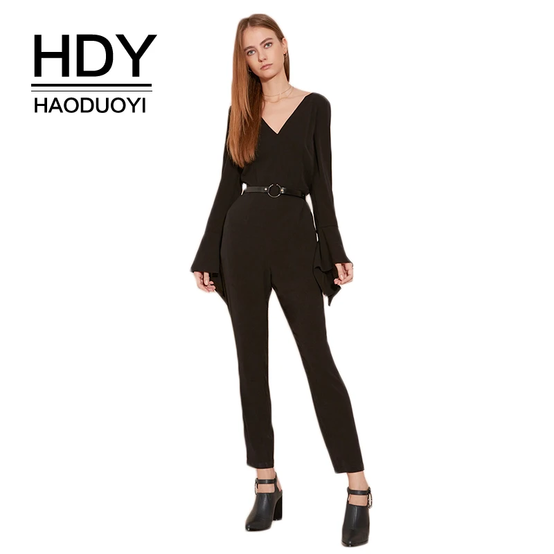 Женский комбинезон HDY Haoduoyi черный однотонный с длинным рукавом и глубоким