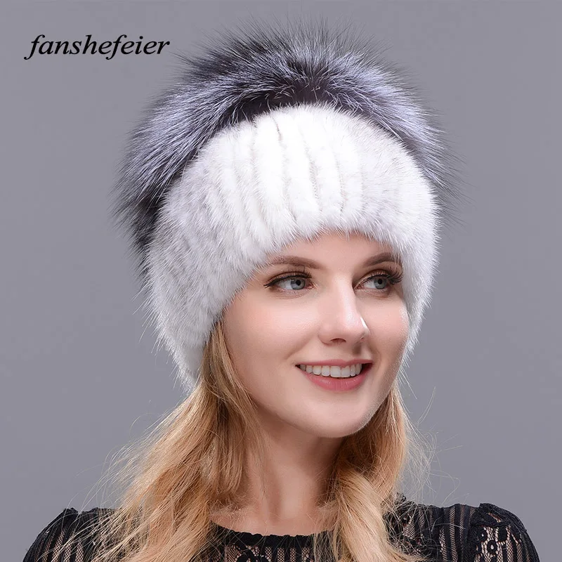 Женская вязаная шапка Fanshefeier теплая зимняя из натурального меха норки|Женские
