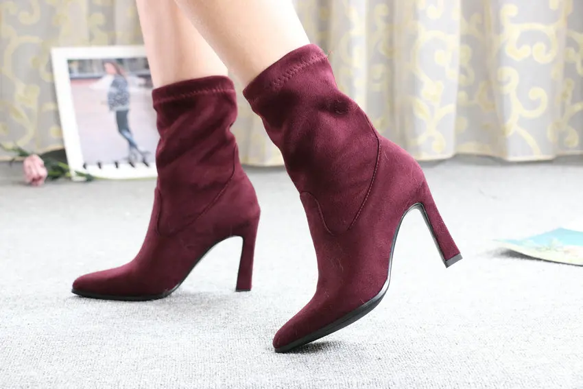 QUTAA New Winter Stretch Ankle Boots Sexy Hoof High Heels Women Shoes Platform Pointed Toe Slip on Short Boots Size 34-43