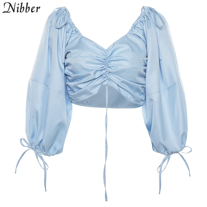 Синий Nibber French romance Короткие топы женские футболки весна лето модные элегантные офисные женские футболки с рукавом-фонариком - Цвет: Синий