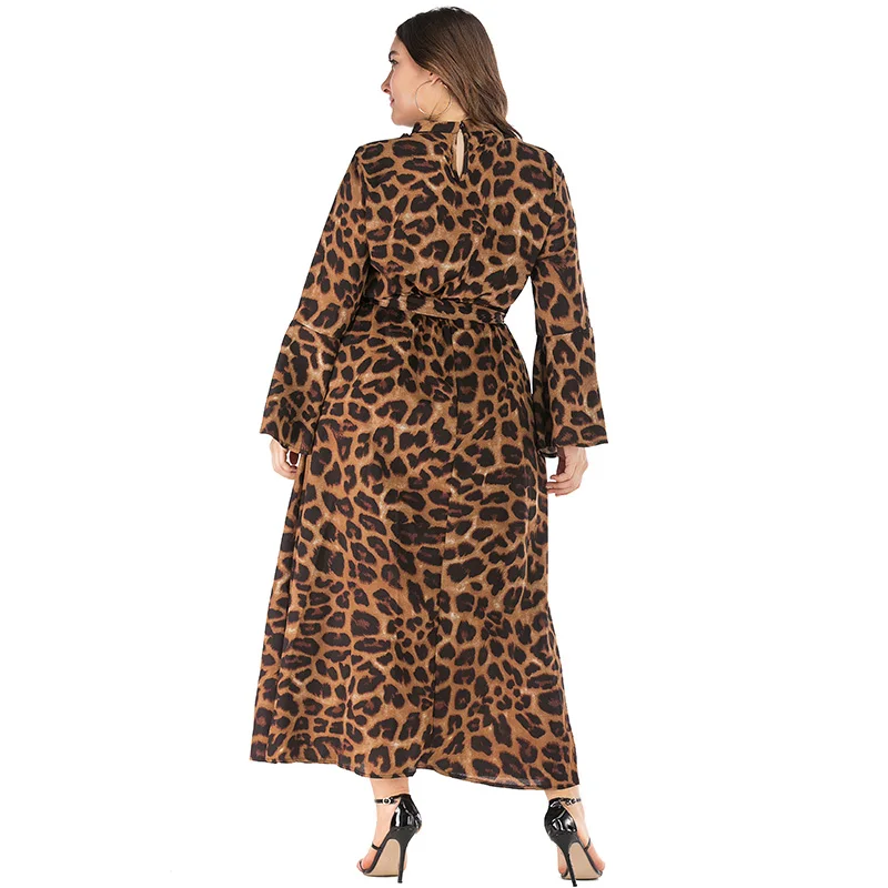Women Plus Size Long Dress Leopard Leaves Print Choker V Neck Fall 2019 Flare Sleeve Slim Elegant Maxi Brown/Yellow | Женская одежда