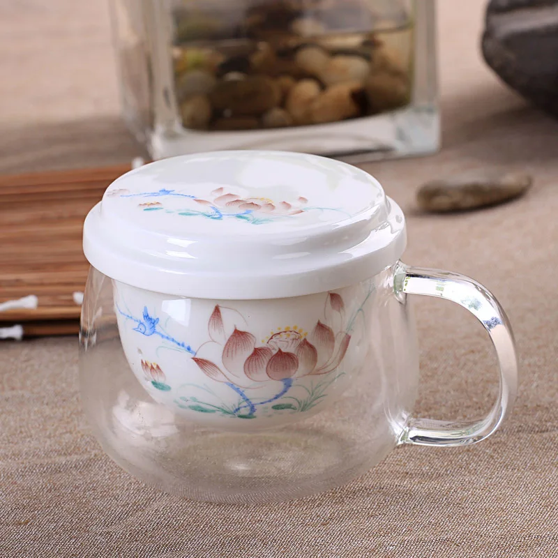 Creative Flower Chinese Tea Set Double Wall Glass Cups with Bone China Insulation Infuser and Lid Clear 300-400ml | Дом и сад