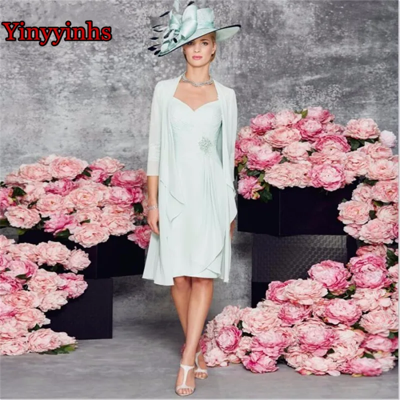 Платье для матери невесты из двух частей длиной до колена с рукавом 3/4 шифоновое