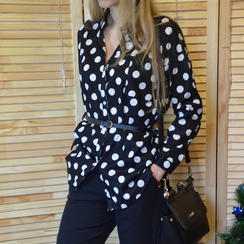 Женская винтажная блузка Dioufond хлопковая рубашка в горошек с v образным вырезом и