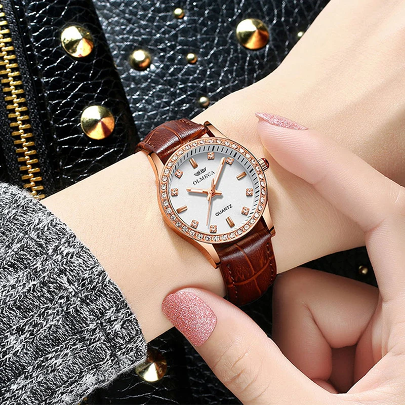 Zegarek damski OLMECA для женщин часы bling Красный Круглый циферблат Кожаный ремешок