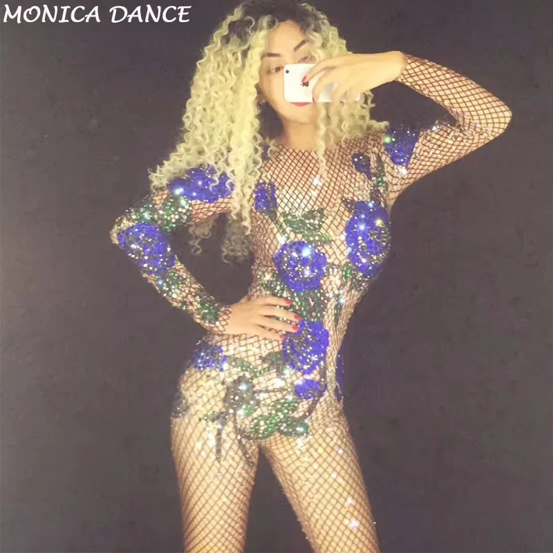 

Stage Blue Rose Full Of Sparkling Crystals Stones Jumpsuit Nightclub Party Christmas Celebrate Performance Stage Wear Bodysuit