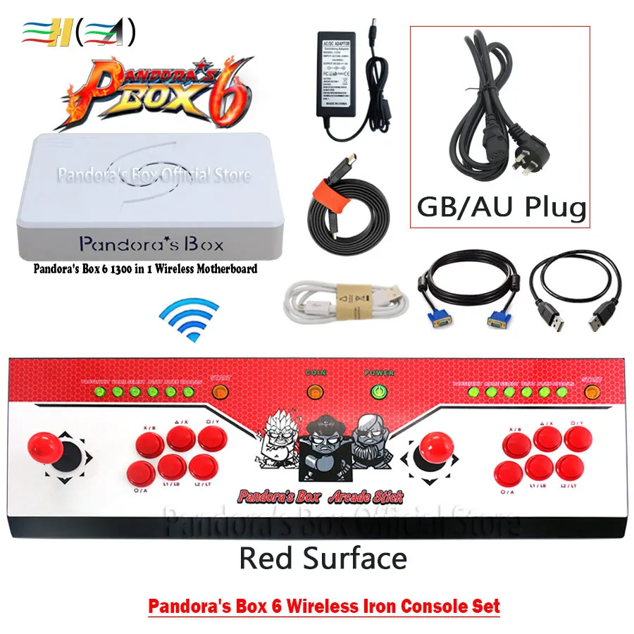 wireless red GB plug Pandora Box 6 1300 в 1 комплект беспроводной железной консоли 2 игрока джойстик кнопки контроллер может добавить 3000 игр fba mame ps1 3d игры - Цвет: wireless red GB plug