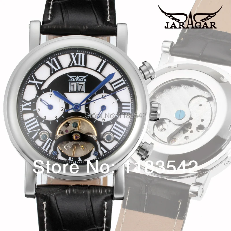 Jargar автоматические Серебристые мужские наручные часы tourbillon черный кожаный