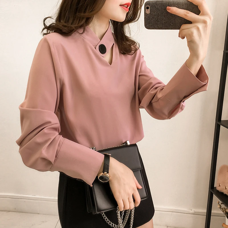 

New Spring Autumn Fashion Women Shirts Solid Full Sleeve Chiffon Hollow Out Slim Hang A Neck Blouse Shirt Pink Red Black 8107