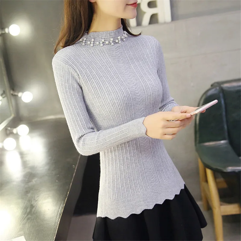 2019 осенние женские пуловеры с высоким воротом и бусинами тонкие топы