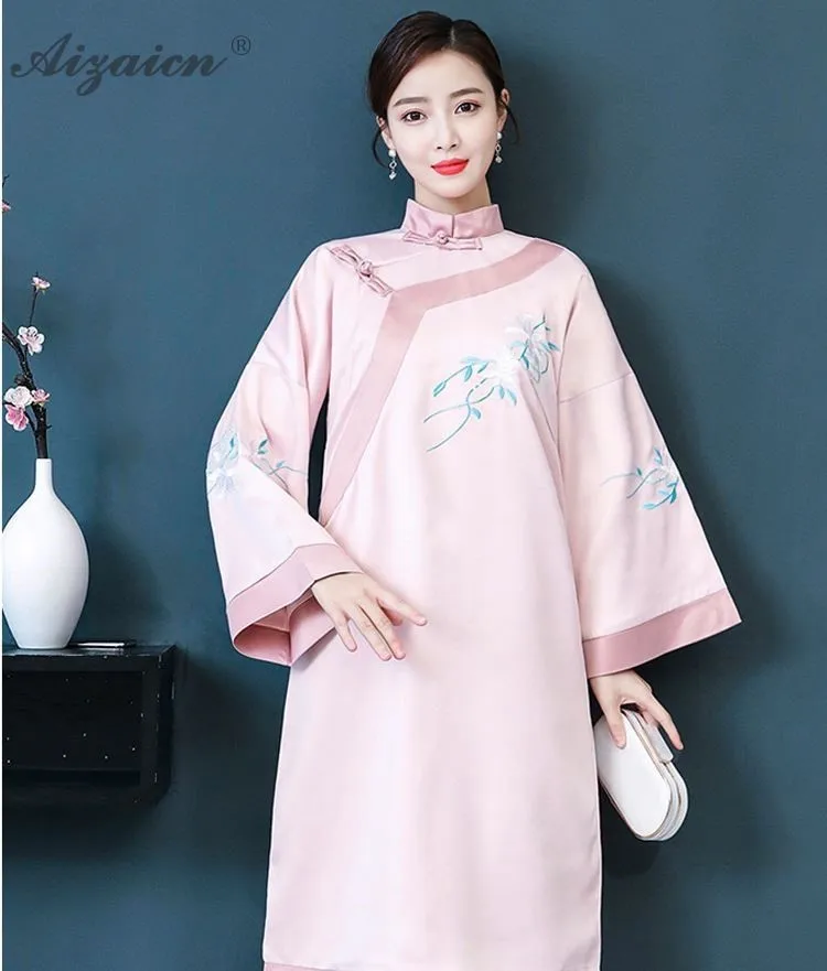Hanfu, новинка, летнее, с вышивкой, современное, чонсам, розовое, Qi Pao, женское, традиционное, китайское платье, Ципао, повседневное, Восточный стиль