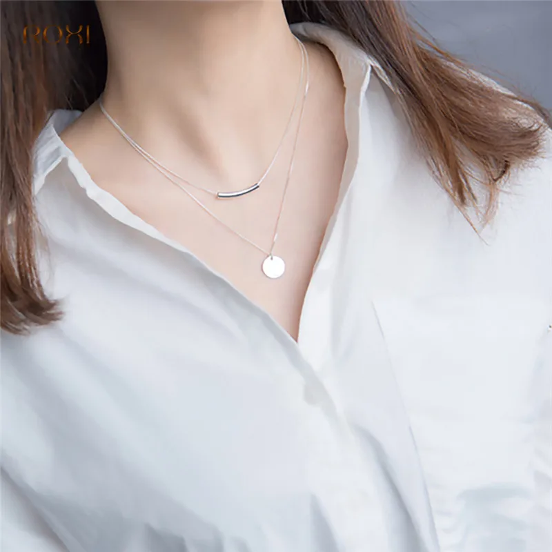 ROXI 925 пробы, серебряное ожерелье, Подвеска для женщин, простая Женская Длинная цепочка, монета, ожерелье, Двухслойное ожерелье, воротник