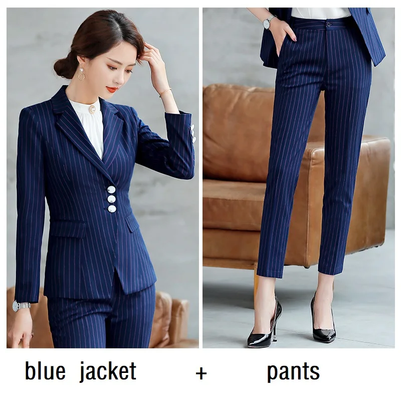 blue jacket pants Женские костюмы, приталенный пиджак в полоску с длинным рукавом, платье, комплект из 2 предметов, OL, официальные женские платья, костюмы, женский комплект, костюмы 871 - Цвет: blue jacket pants