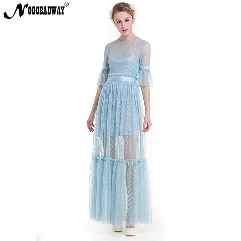 NOGOBADWAY прозрачное длинное Сетчатое летнее платье для женщин 2018 милое в пол синий